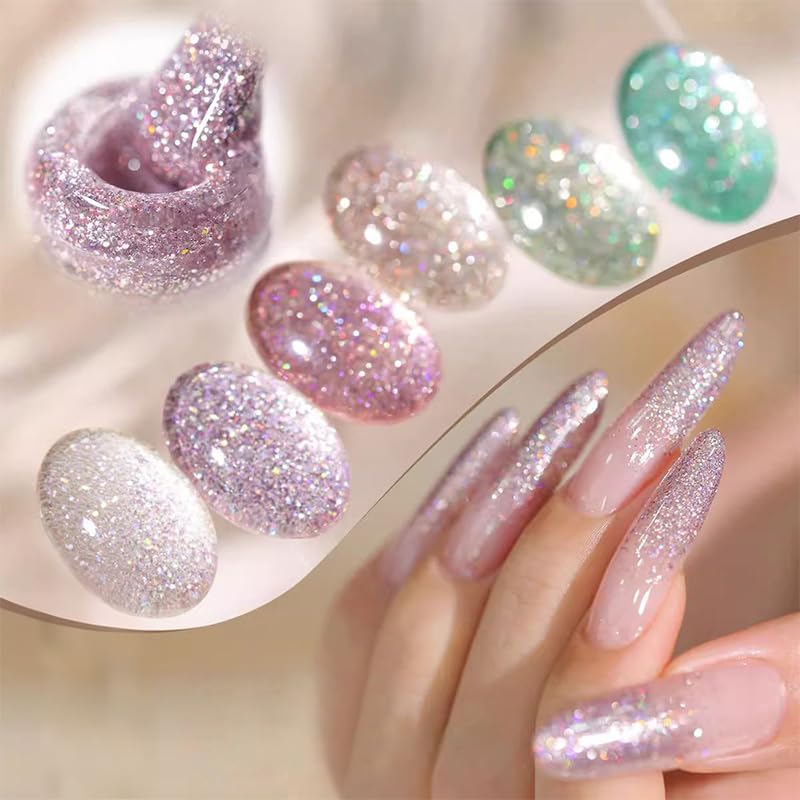 Born Pretty Reflective Glitter Gel Nail Polish, 6 Spring Light Colors Holographic Gel Polish Long Lasting Sparkly Shiny Nail Polish U V Set for Manicure and Nail Art, DIY at Home, Salon-Quality 7ml