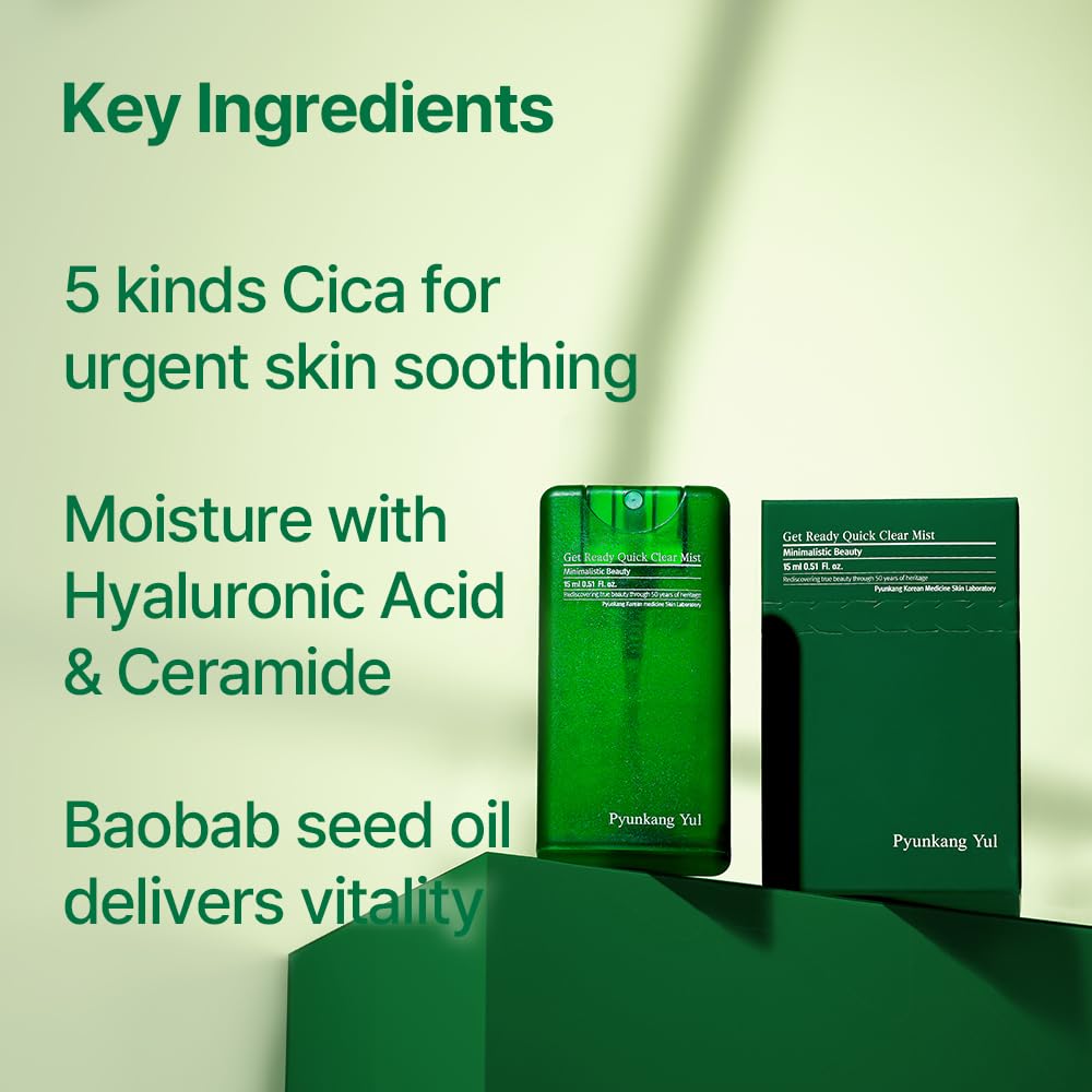 Pyunkang Yul PKY Ultimate Get Ready Quick Clear Mist for Sensitive Skin, Intensely Calms & Soothes Redness with Cica & Tea Tree, Compact size, Korean Skincare (0.51 Fl. oz, 15ml)