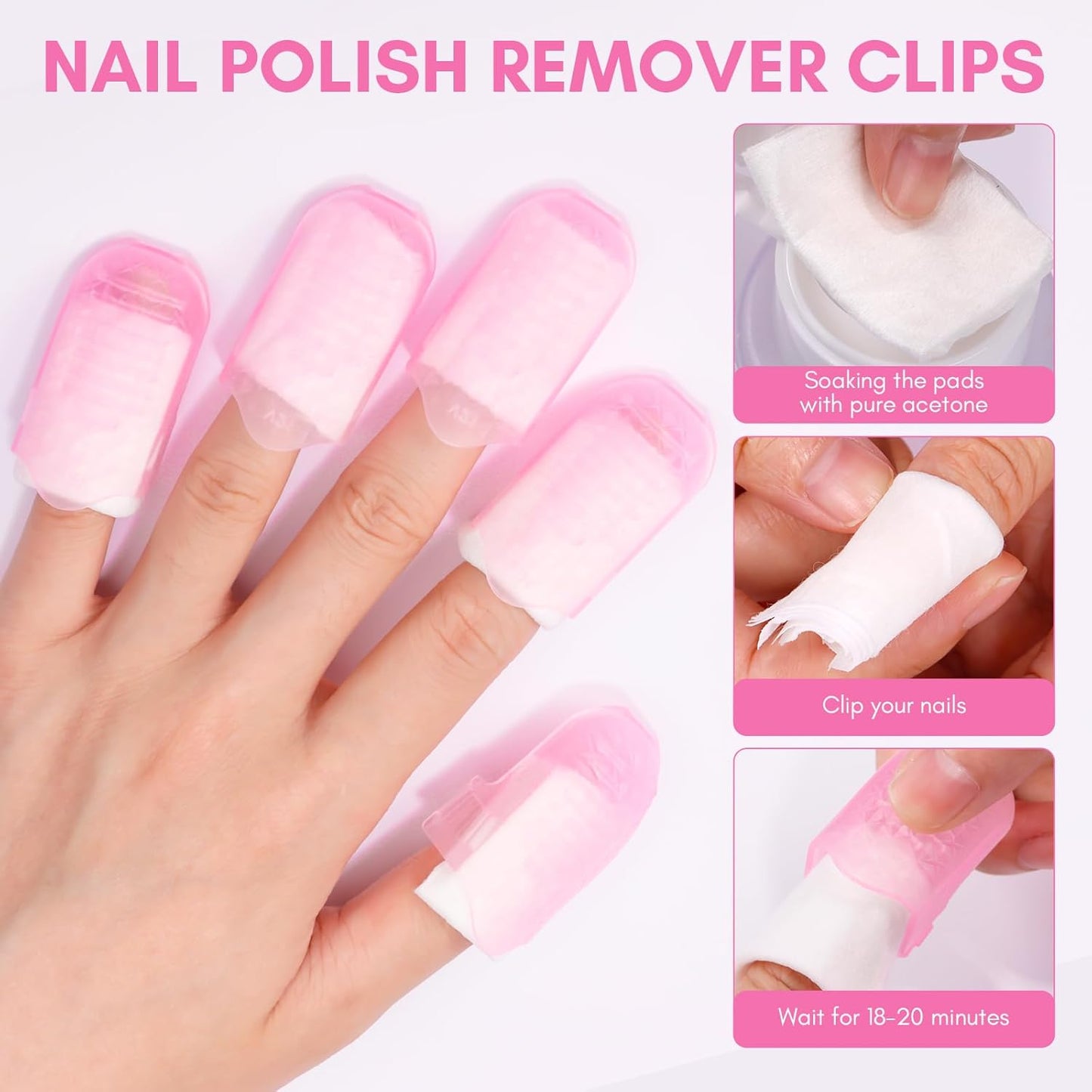 Makartt Nail Polish Remover Tools Kit 10 Pcs, Soak Off Cap Clips, with Double-Ended Cuticle Pusher for UV Gel Polish Removal, Acrylic Art Manicure Accessories, Pink