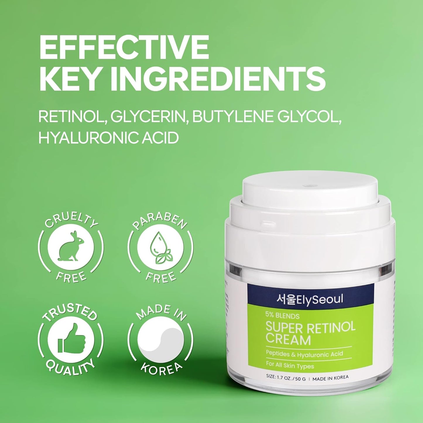 Retinol Cream for Face Korean Skincare: Anti-Aging Collagen Peptides & Hyaluronic Acid Face Cream for Women, 1.7 oz.