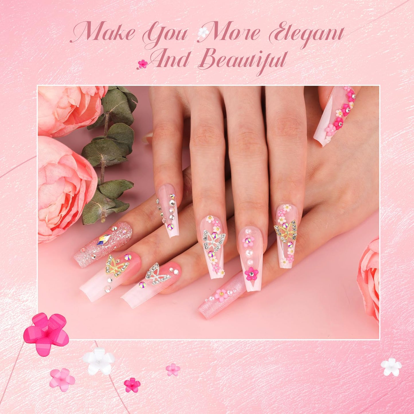 3D Nail Charms and Gems Set 6 with Rhinestone Glue, 75PCS Chunky Coquette Pink & White Bow Nail Charms + Kawaii Cute 3D Flowers for Nails + Clear & AB Glass Crystals + Flat Pearls for Y2K Nail Decor