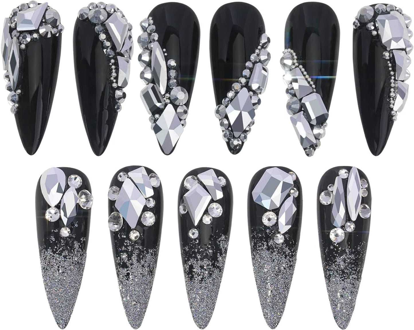 Nail Rhinestones - 3D Multi Shape Size, Flat Back, Manicure Rhinestones Charms, Crystal Silver Gems, with Kit, for Nail Art, Bedazzling Acrylic Nails, DIY Decor