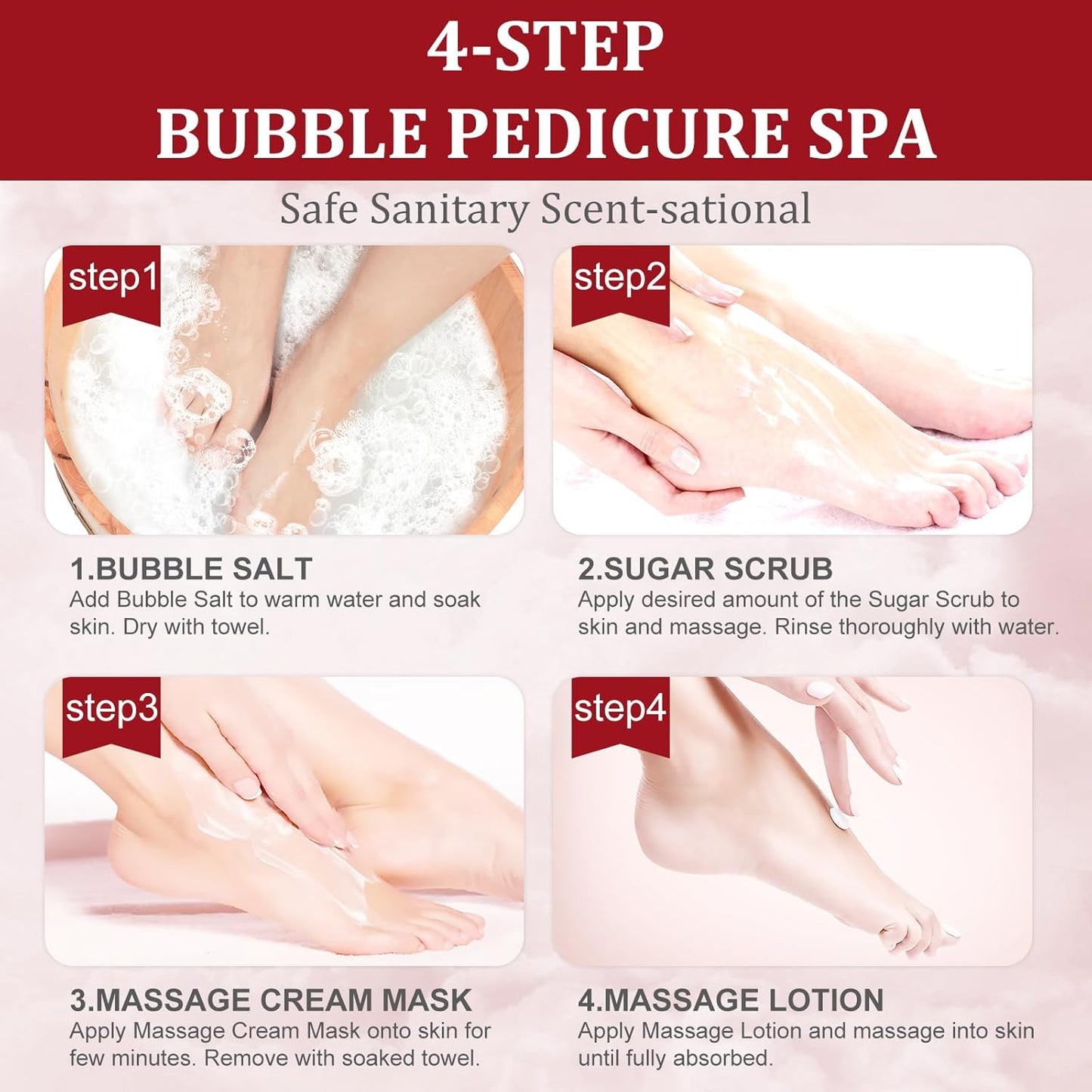 Pedicure Kit Foot Soak Set: Bubble Salt, Sugar Scrub, Massage Mask, Massage Lotion in a Box, 4 Step Foot Spa Kit for Dry Feet,Tired Feet(3 Set Pomegranate)