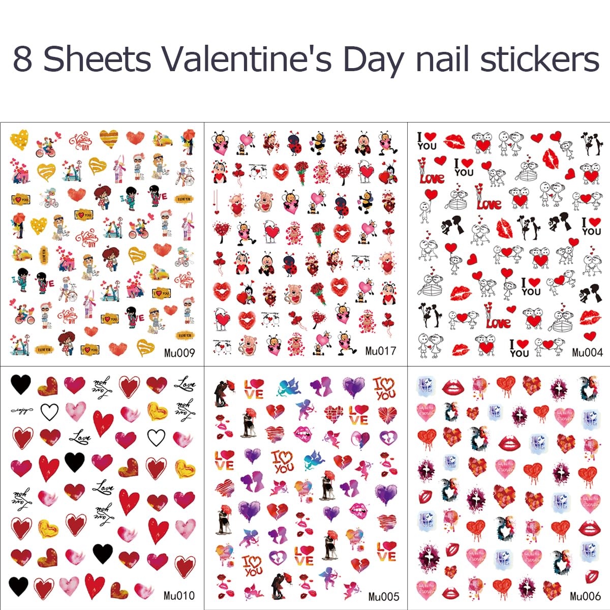 6 Sheets Valentine's Day Nail Art Stickers - Self-Adhesive 3D Heart Supplies, Sexy Lips, Romantic Red Love Letter Design Decals for Women Girl DIY Decoration