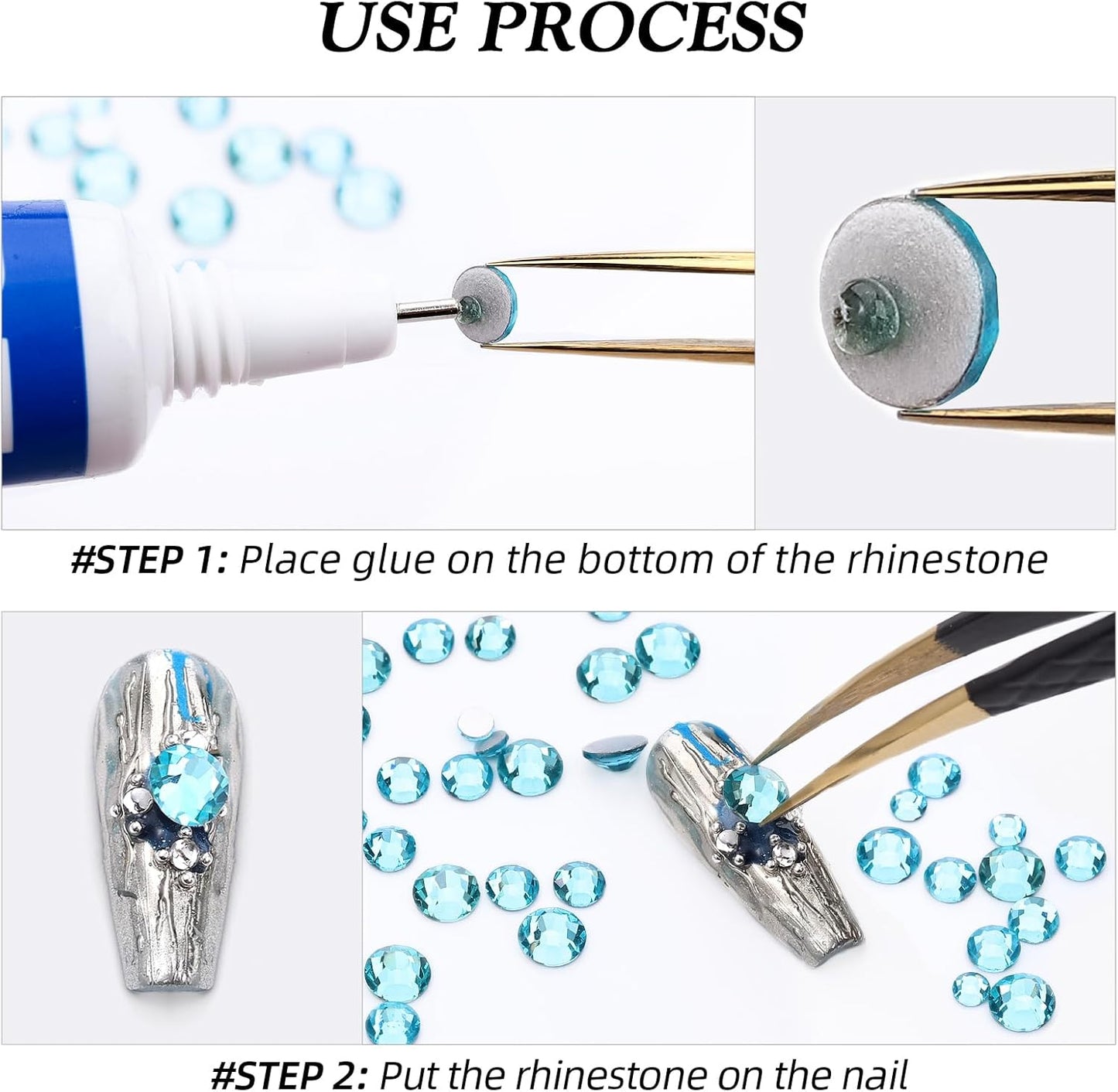 Aquamarine Flatback Rhinestones, Glass Rhinestones for Nail Art and Craft, Glue Fix, Loose Crystal Gemstones(Aquamarine, SS8, 1440pcs, 2.3-2.5mm)