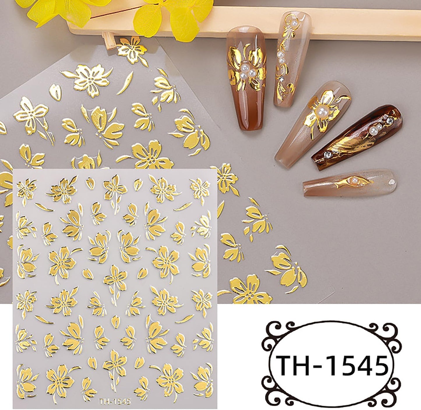 6Sheets Gold Nail Art Stickers 3D Self-Adhesive Nails Sticker Flower Nail Art Decals Holographic Golden Floral Leaves Nails Decal Decoration for Women Blossom Manicure Tip DIY Nail Sticker Supplies
