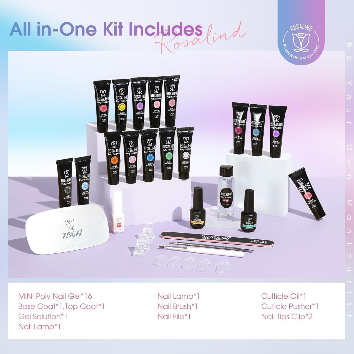 ROSALIND 16 Colors Poly Nail Gel Kit With Mini Lamp - Clear Neon Starter Kit for Beginners, HalloweenAll Seasons Classic Colors Builder Neon Nail Gel Set Holiday