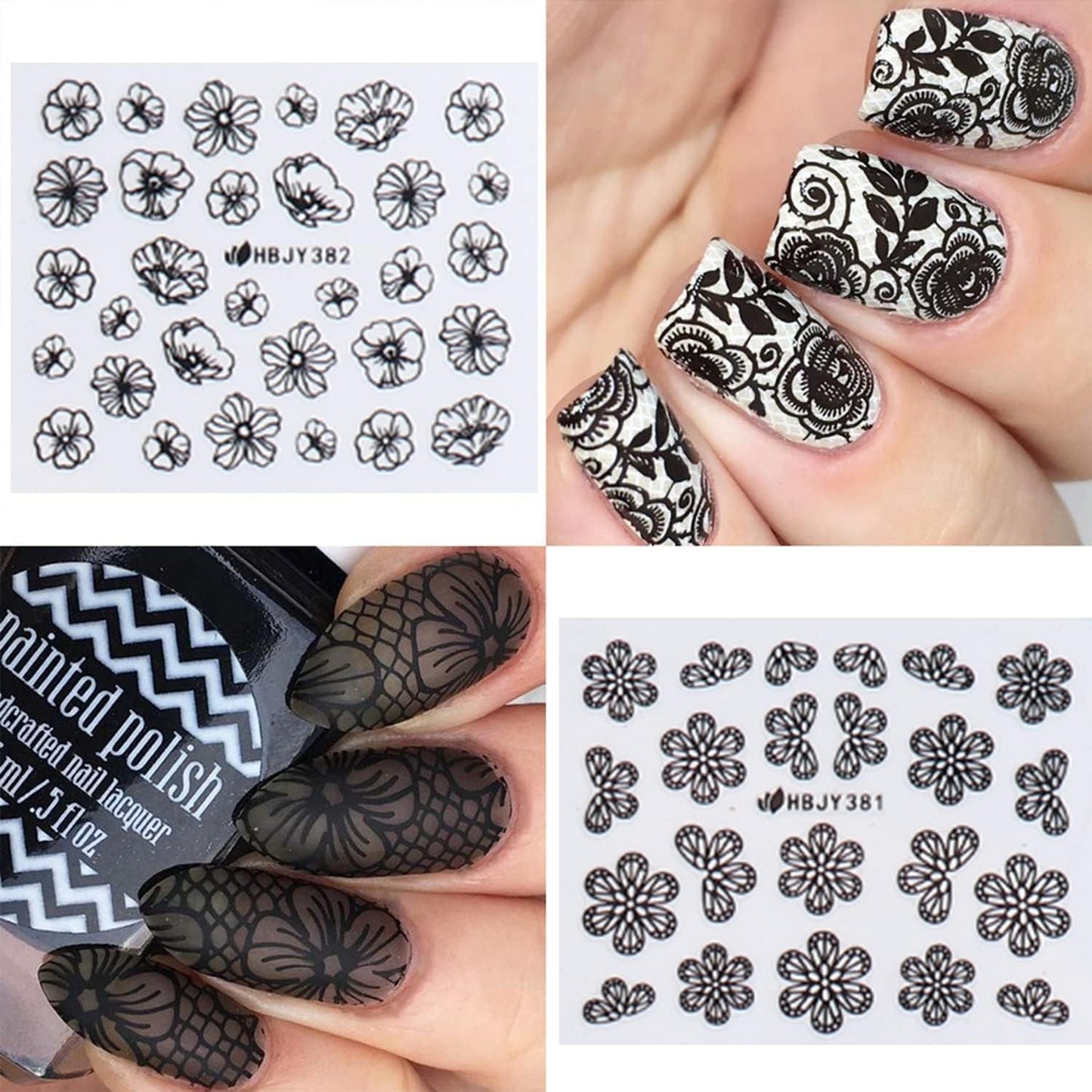 Black Flowers Nail Stickers, Floral Nail Art Decal 3D Self-Adhesive Lace Retro Flower Vine Leaf Decals for Women Nail Designs Decoration (373-384)