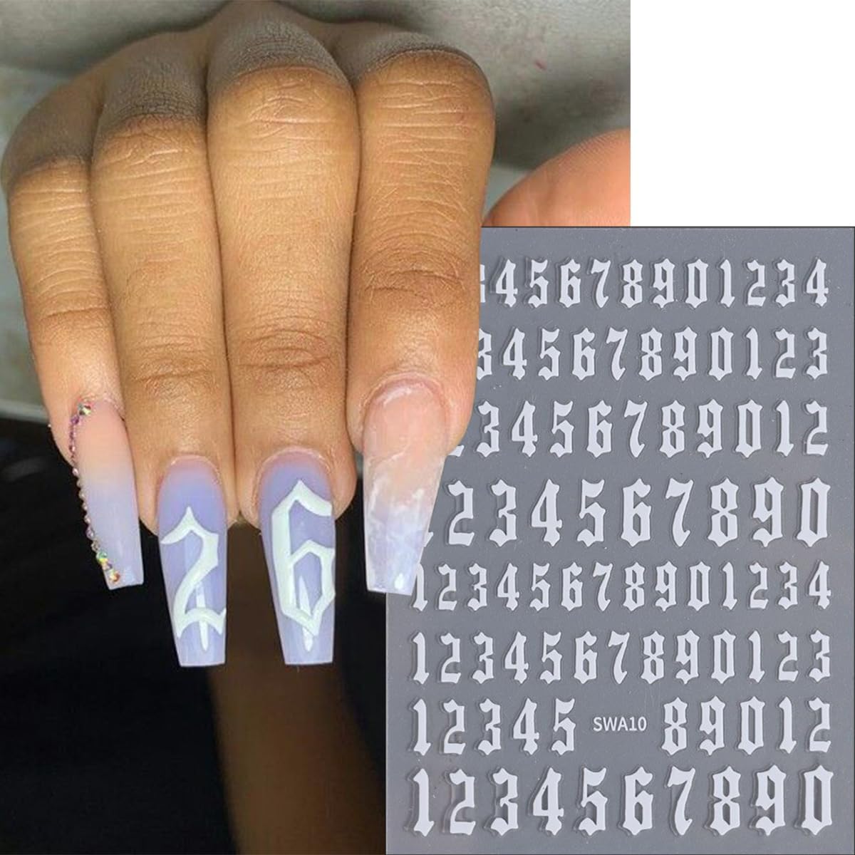 8Pcs Number Nail Stickers 3D Self-Adhesive Laser Arabic Numbers Nail Art Stickers Black White Gold Silver Nail Art Design Supplies 4 Colors Large Small Number Nail Decals for Women DIY Nail Charms Tip