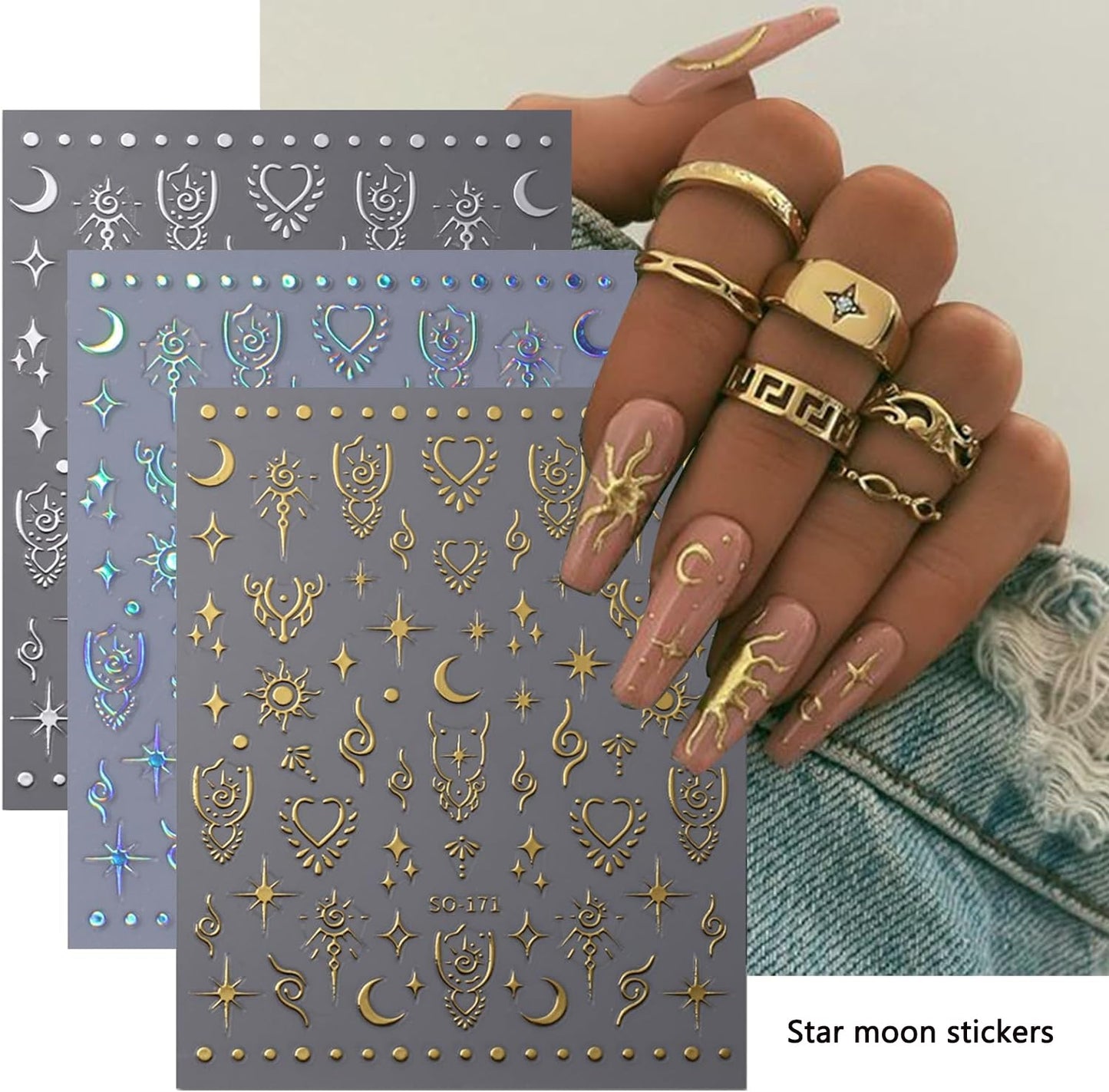 Moon Star Nail Stickers- 8Sheets Metallic Nail Art Stickers 3D Self-Adhesive Shiny Laser Stars Nail Supplies Gold Silver Nail Designs Stickers Sun Stars Moon Nail Decals for Women DIY Nail Decorations