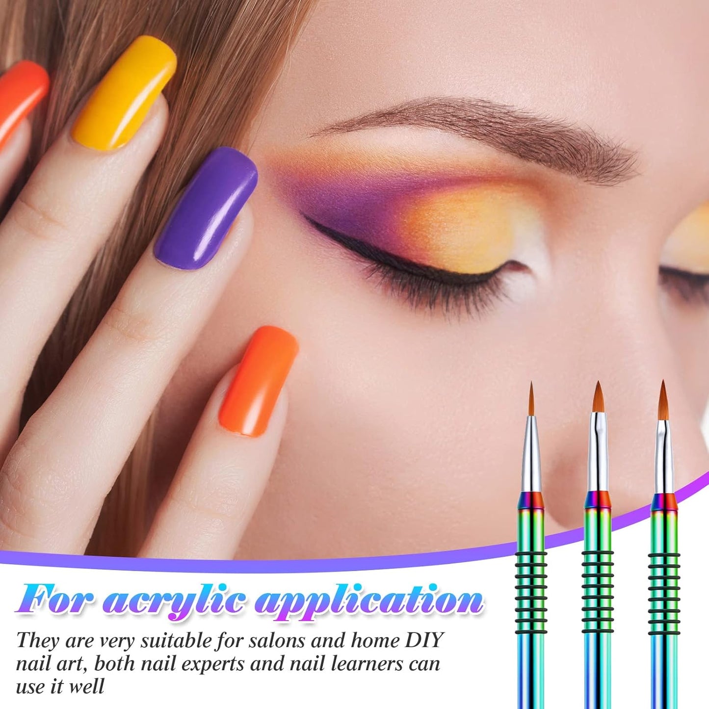 Patelai 3 Pcs Kolinsky 3D Nail Art Brush Set for Acrylic Powder Sculpture Nail Art Brush Size 2/4/5 with Rainbow Metal Nonslip Grip Handle for Acrylic Powder Application