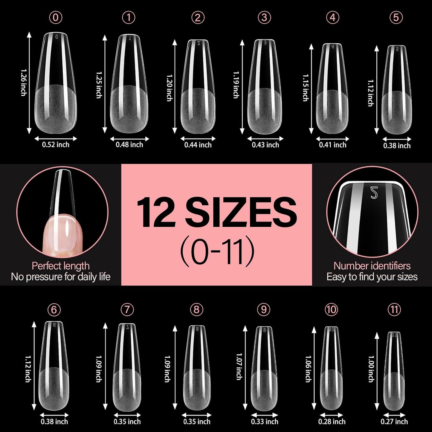 AILLSA Long Coffin Nail Tips Half Matte Full Cover Nails Tips Clear Acrylic Pre-Shaped Tips Flase Press on Nail Tips for Extentions Nails Manicure Salon DIY 216PCS 12 Sizes