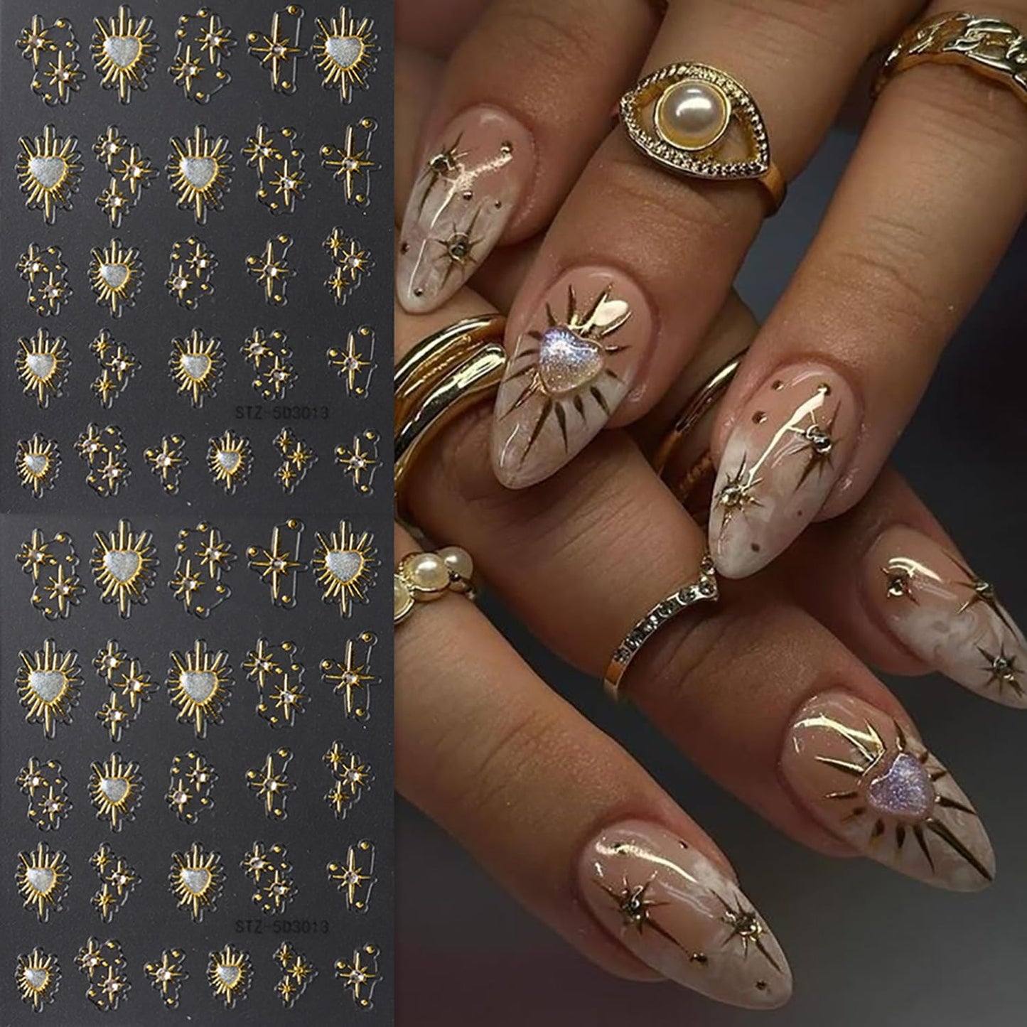 5D Star Nail Art Stickers Gold Nail Decals Rhinestone Design 2PCS Embossed Self-Adhesive Heart Star Moon Nail Supplies DIY Slider Manicures Accessories Stars Nail Art Stickers for Women Decorations