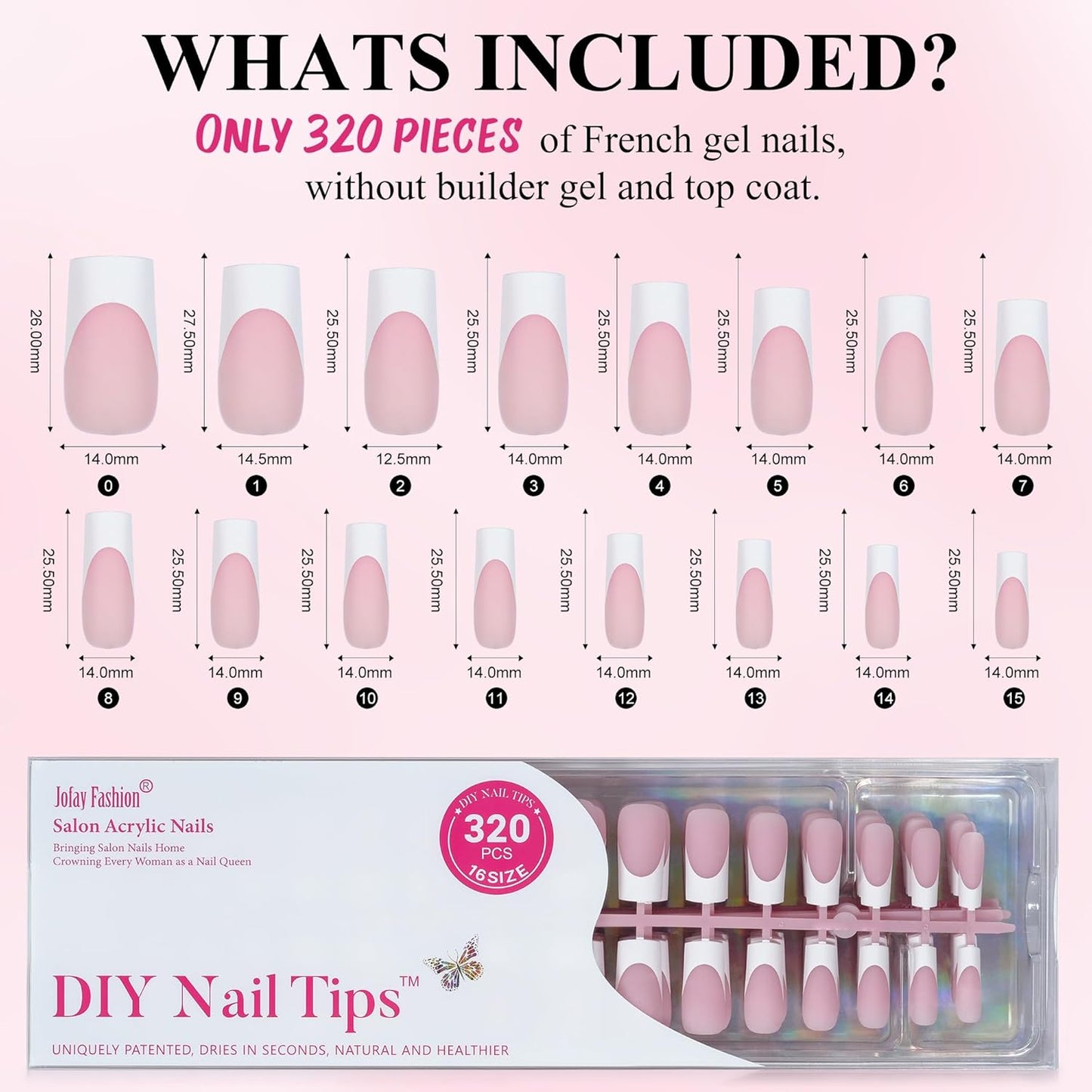French Gel Nail Tips - Jofay Fashion French Tip Press on Nails, 10-Piece Set 320Pcs Pink long Square Nail Tips, No Need to File 3 in 1 Acrylic Fake Nails for Nail Art DIY & Nail Extension, 16 Sizes