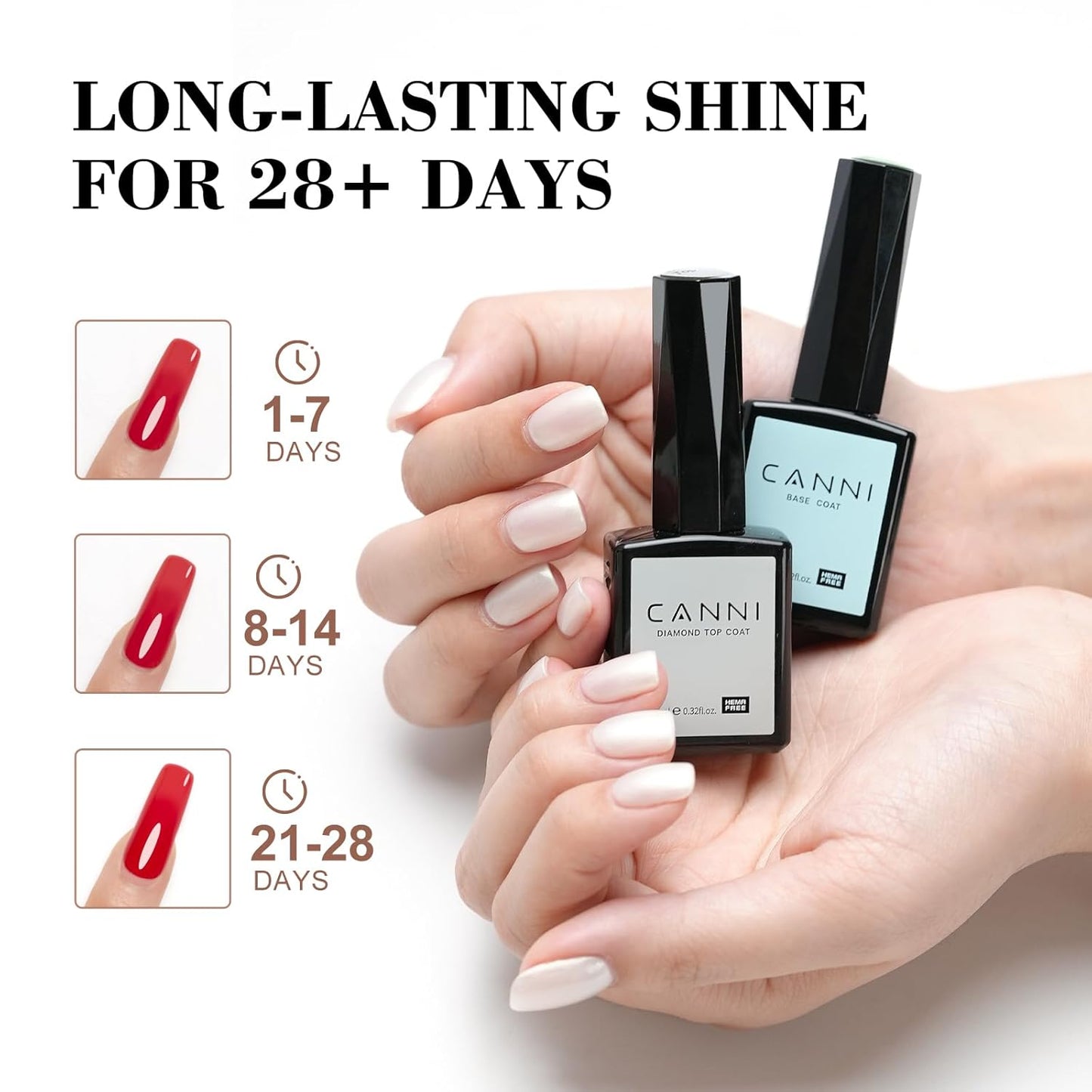 CANNI 2 Pcs No Wipe Gel Top Coat and Base Coat Set- High Gloss Shiny Long Lasting Base Top Coat Gel Nail Polish, Soak Off Nail Art Home and Professional Manicure