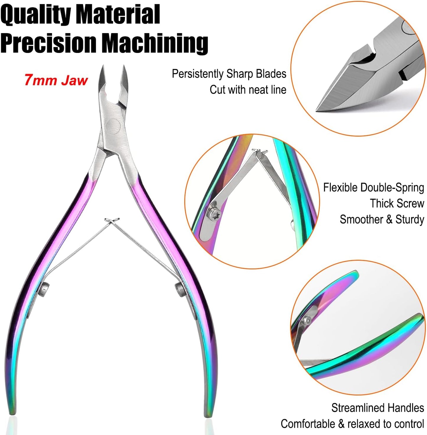 LePinko Professional Cuticle Trimmer kit, Super Sharp Dead Skin Clipper, Labor-saving Cuticula Remover for Fingernail Toenail, Home Salon Use, 7mm Jaw, Rainbow Color