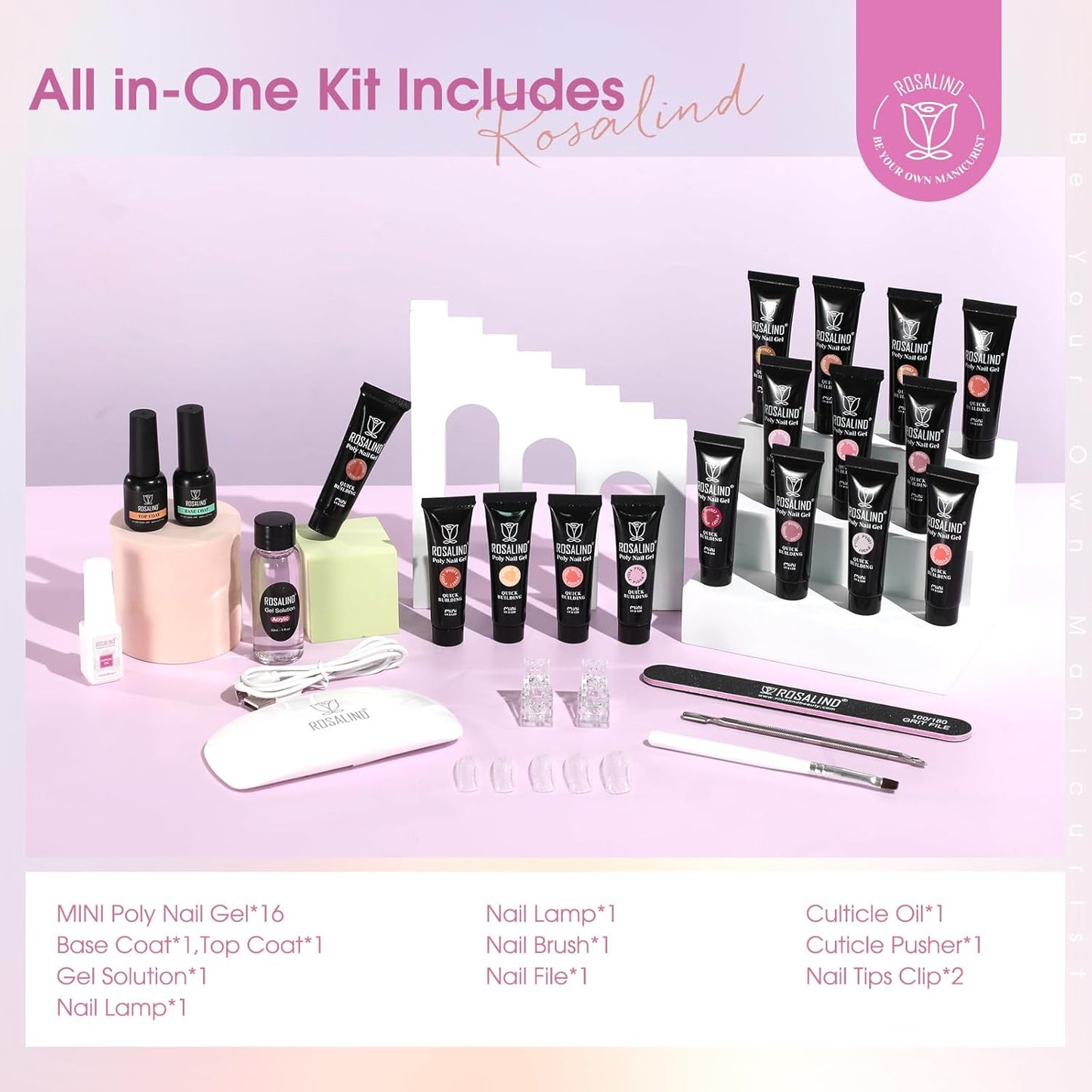 ROSALIND Poly Nail Gel Kit -16 Colors + Nude Pink Nail Art Accessories kit Clear Nude Poly Nails Gel Kit Starter Kit With Slip Solution Nude Pink Nail Extensions Gel Set with Mini UV Lamp