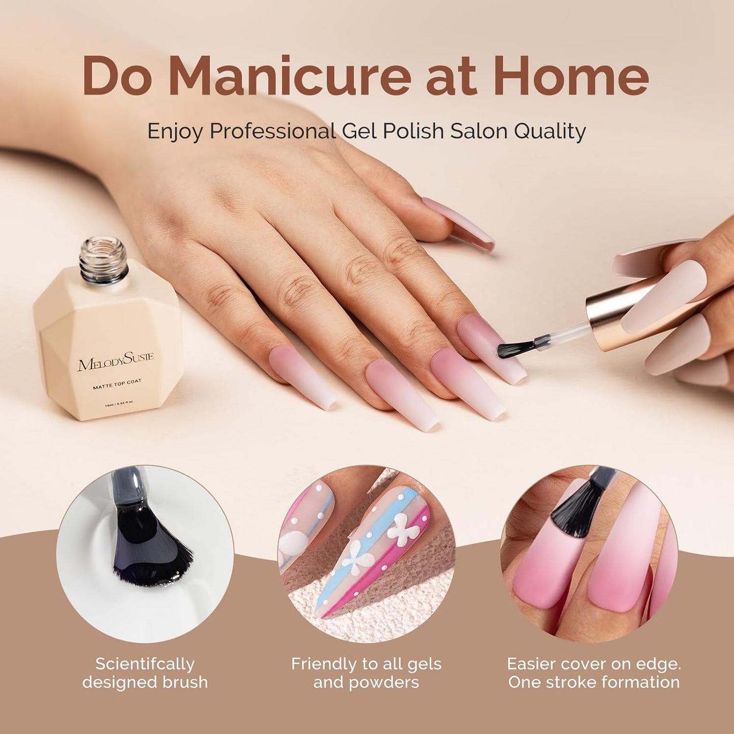 MelodySusie 15ML No Wipe Matte Gel Top Coat - Long Lasting Top Gel for Clear Nail Gel and Acrylic Nails - Gift for Women Ideal for Home DIY and Nail Salon