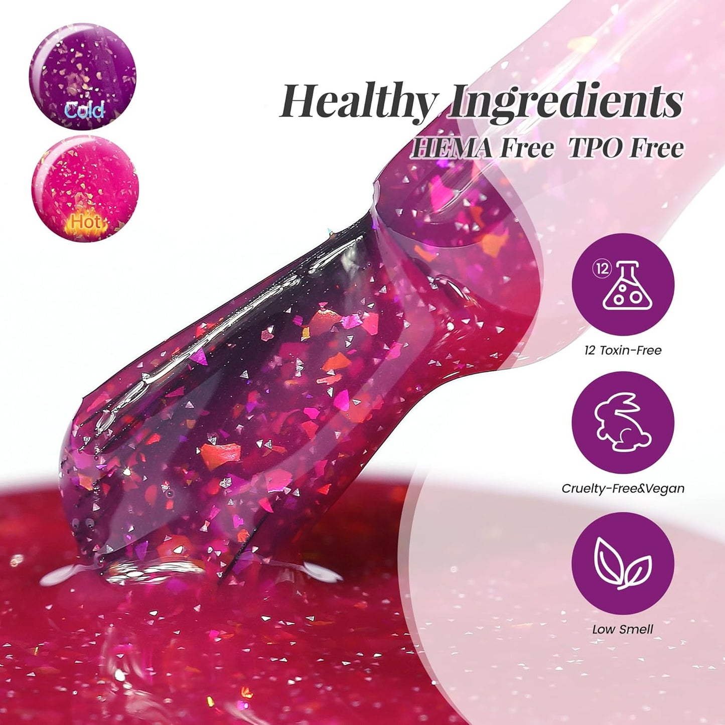 YTD Likomey Color Changing Gel Nail Polish 2 Pcs Set,15ml Hot Pink To Purple Pure Color and Brocade Glitter Nails Gel Kit,Thermal Ombre Change Colors Salon Manicure Fall Winter UV Varnish,WB2-4