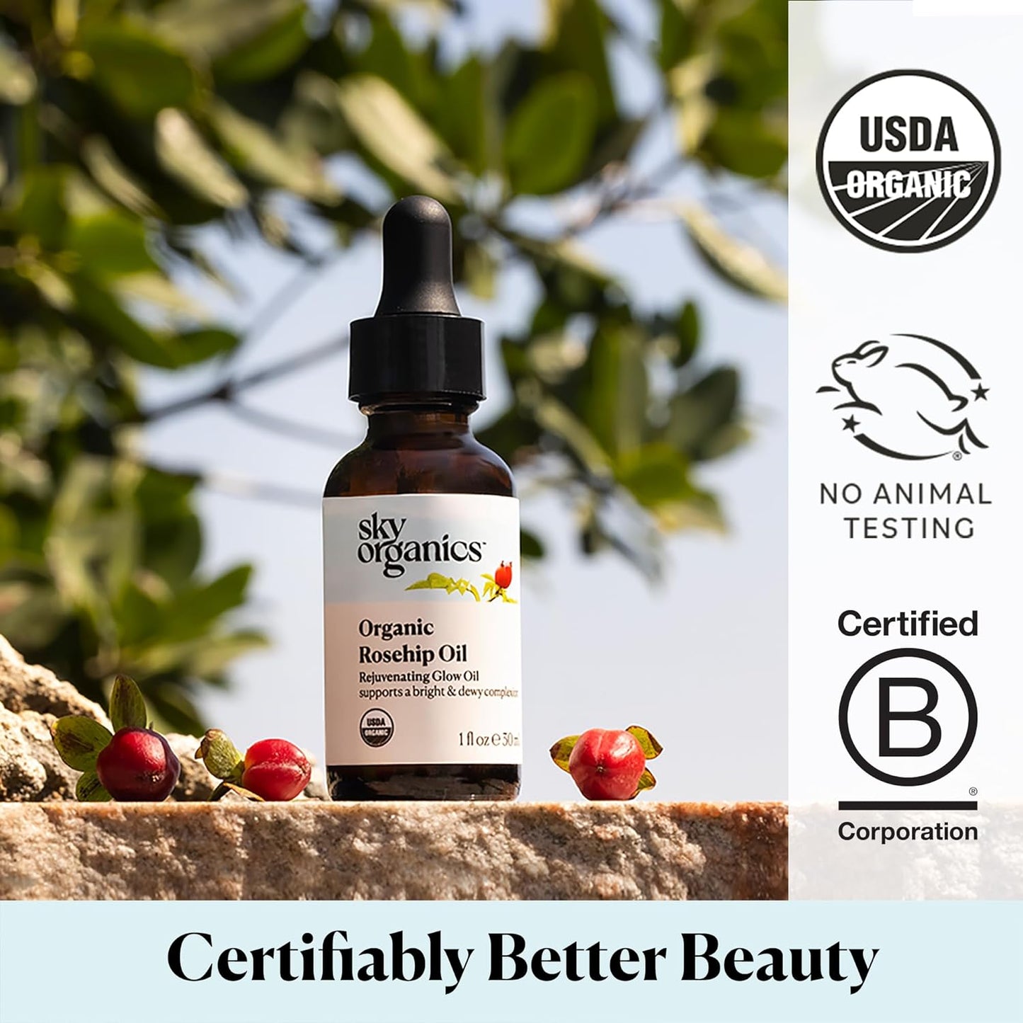 Sky Organics Organic Rosehip Oil (1oz) Cold-Pressed Rosehip Seed Oil, Anti-aging Face Oil, Antioxidant Face Oil, 100% Pure Anti-Aging Rosehip Seed Oil for Radiant Skin, Hair and Acne