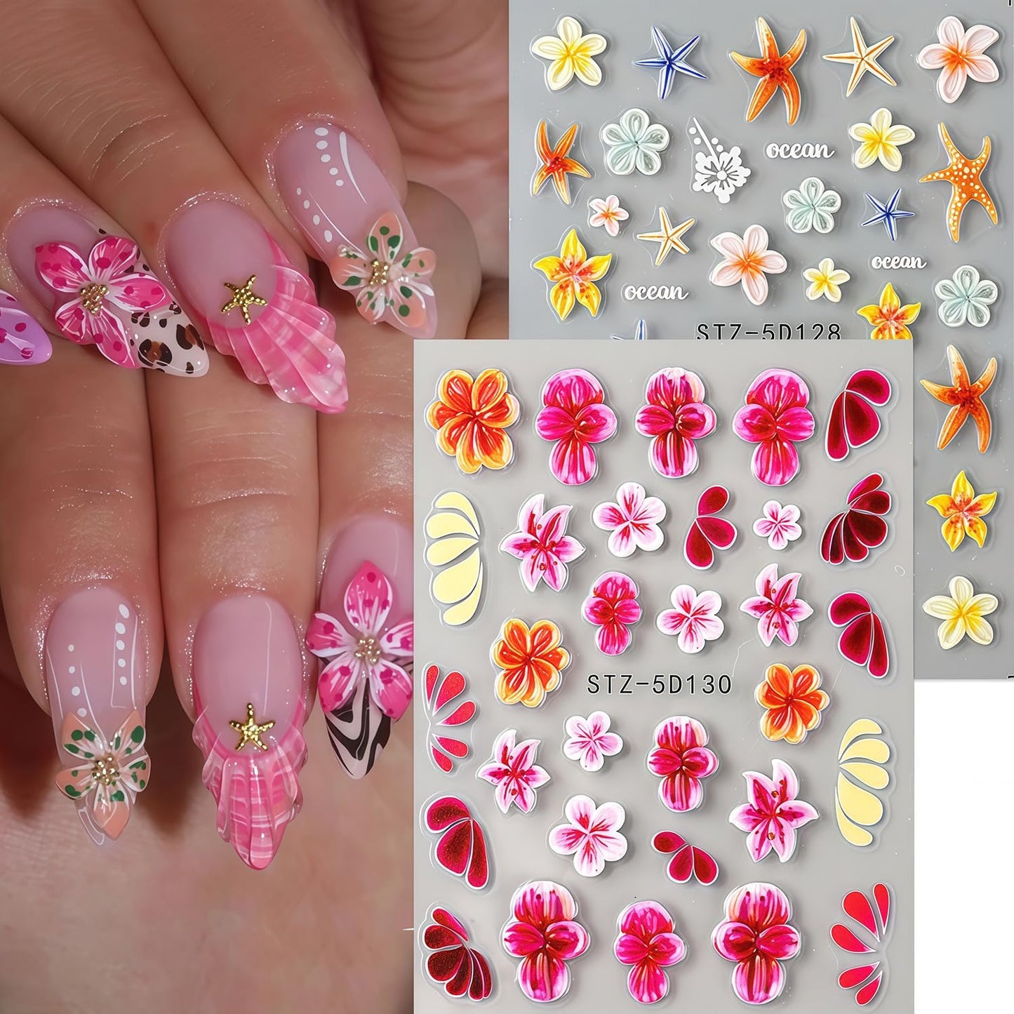 Summer Nail Stickers 5D Embossed Cute Flower Pattern Ocean Colorful Starfish Self-Adhesive Design Nail Art Stickers Beach Nail Decals for Women Festival Vacation Manicure Kit DIY Decoration