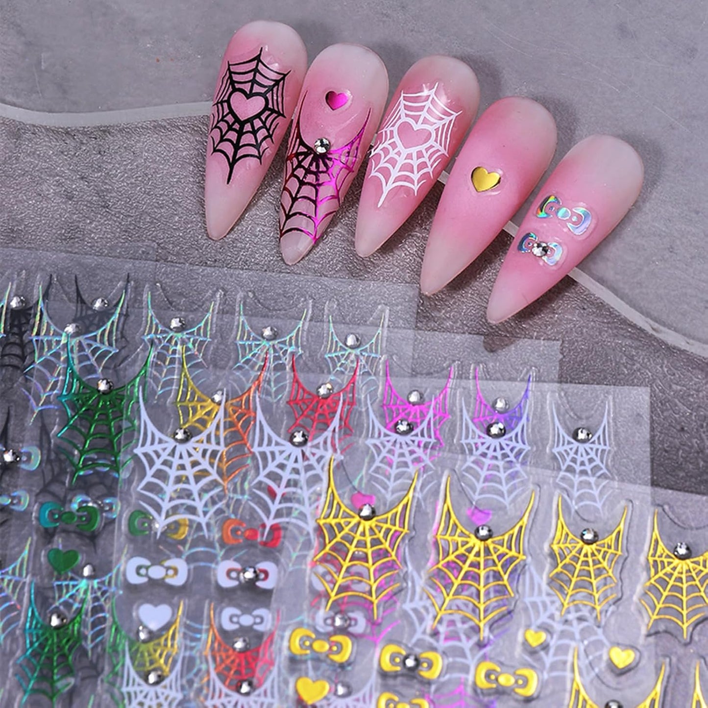 4 Sheets Halloween Spider Web Nail Art Stickers 5D Embossed Halloween Nail Decals with Rhinestone Colorful Spider Web Spider Bow Love Heart Nail Design Adhesive Stickers for Women Decorations Supplies