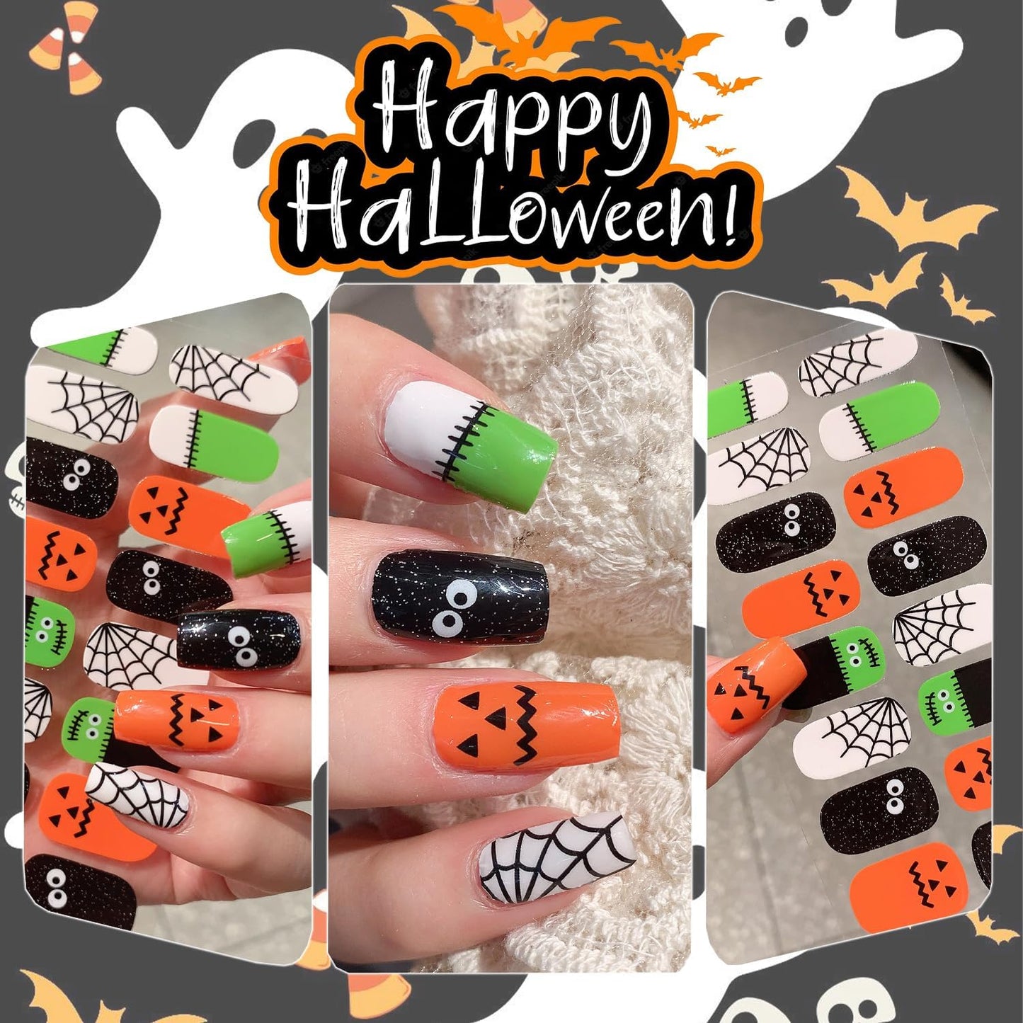 6 Sheets Horror Halloween Gel Nail Wraps Spider Web Flower Ghost Nail Polish Stickers Self-Adhesive Bat Pumpkin Spider Gel Nail Stickers Scary Halloween Holiday Nails Strips for Women