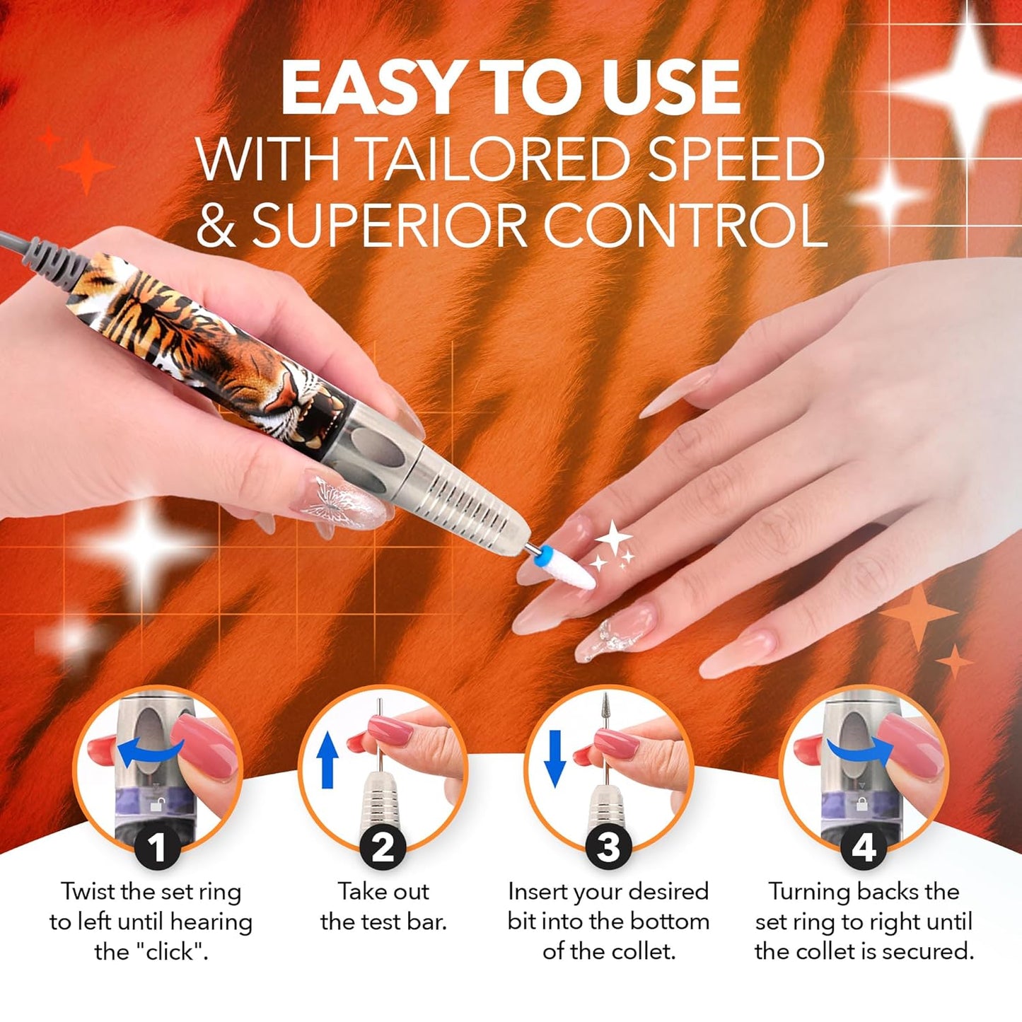 M Max - Nail Drill Professional - 2-in-1 Brushless Motor Nails Drill Machine - Electric, Cordless, Aluminium Alloy Casing, 35000 RPM, HD Display - Perfect for Salon & Home Use Special Edition - Tiger