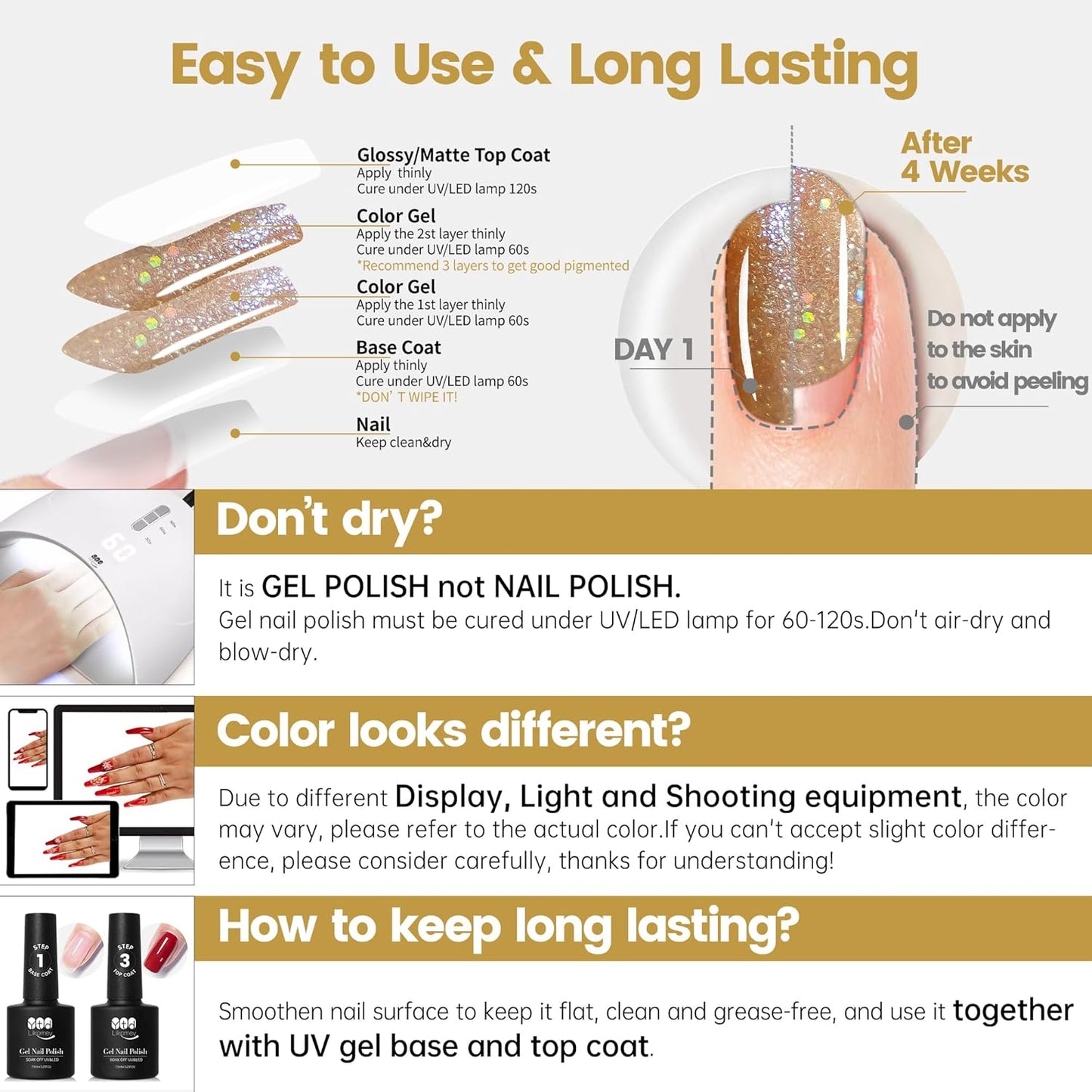 YTD Likomey Nail Gel Color Gel,15ml Sparkling Champagne Gold Glitter Soak Off UV Varnish,Salon Home DIY Nail Art Manicure and Pedicure,CS021