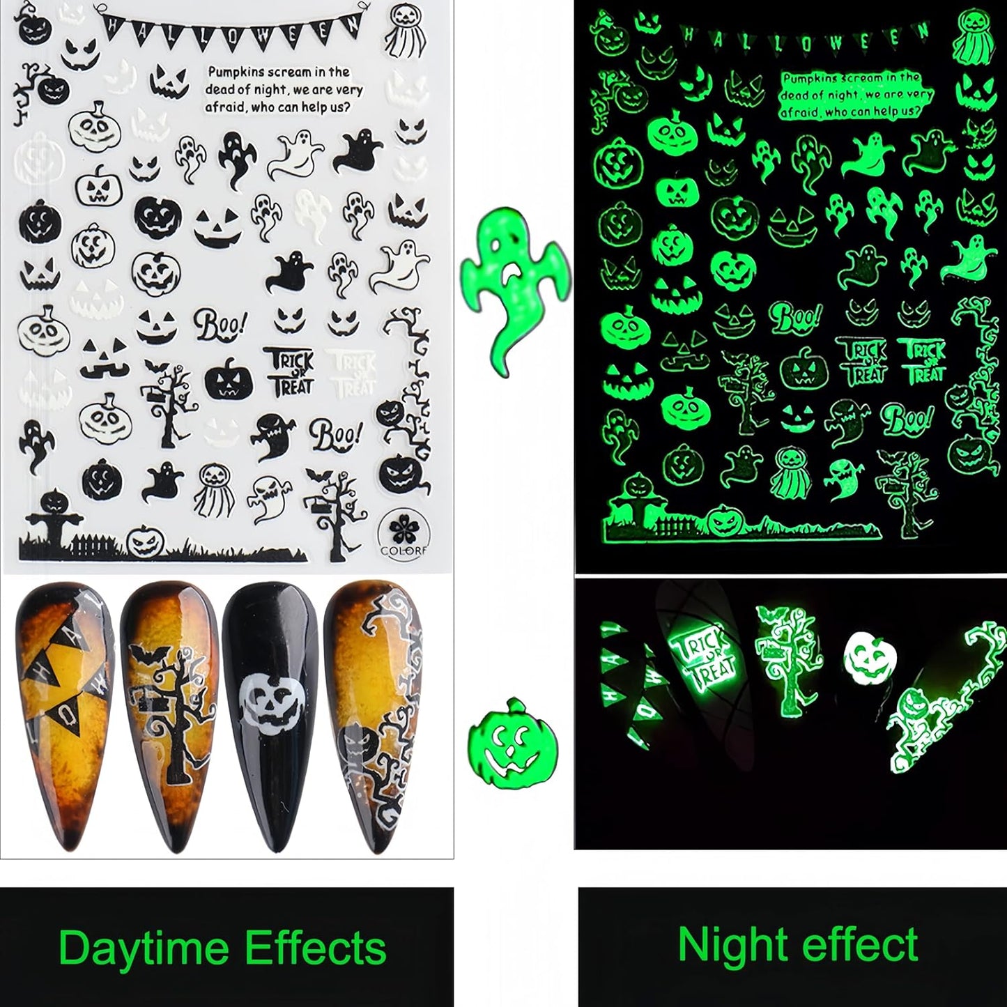 6Sheets Halloween Nail Art Stickers 3D Fluorescent Design Nail Decals Self-Adhesive Halloween Nail Supply Skeleton Pumpkin Spider Ghost Nail Sticker for Holiday Women Girls DIY Manicure Decoration