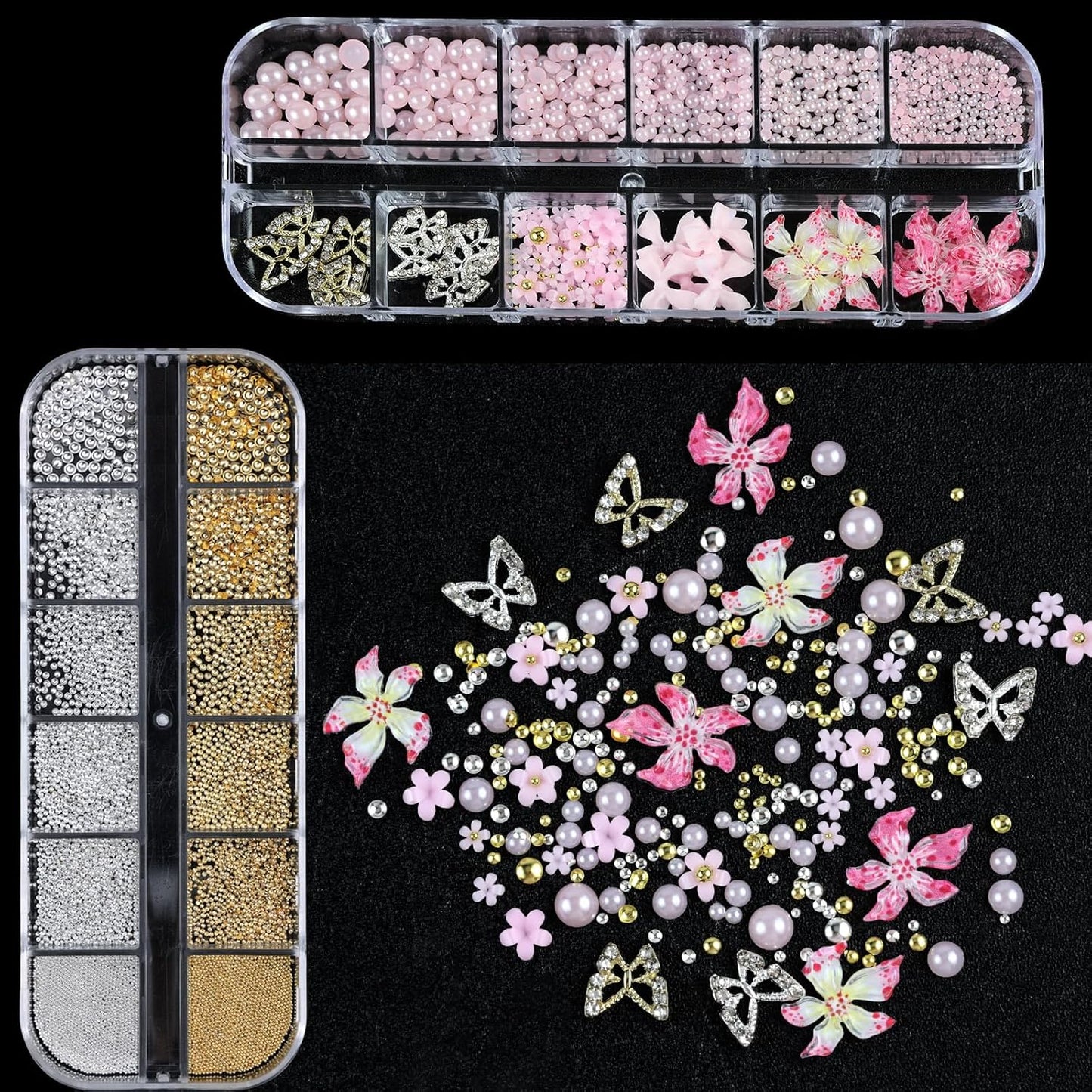 Nail Art Charms with Rhinestones Glue Gel Pink Flatback Pearls Flower Bow Nail Gems Supplies Accessories Gold Silver Nails Decoration Pearls for Women Nails Design