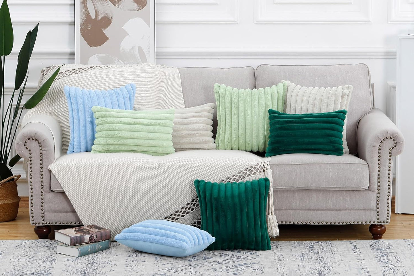 MADIZZ Set of 2 Faux Wool Plush Decorative Throw Pillow Covers 12x20 Inch Light Blue Fluffy Striped Soft Decorative Cushion Cover for Sofa Bedroom Pillow Shell