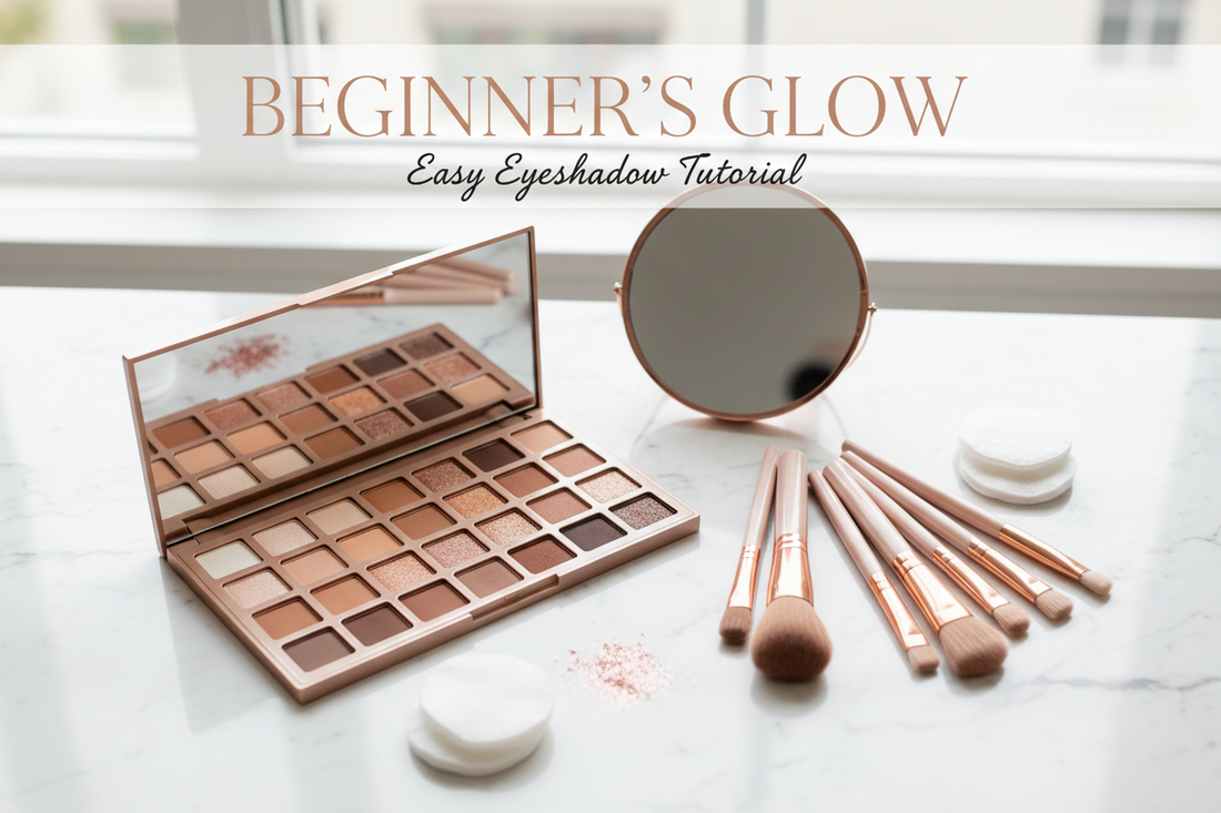 Beginner's guide to eyeshadow featuring neutral eyeshadow palette, makeup brushes, and mirror on white marble surface