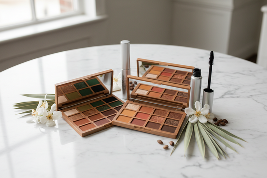 Professional vegan eye makeup collection featuring mineral eyeshadow palettes and plant-based mascara with natural botanical ingredients on marble surface