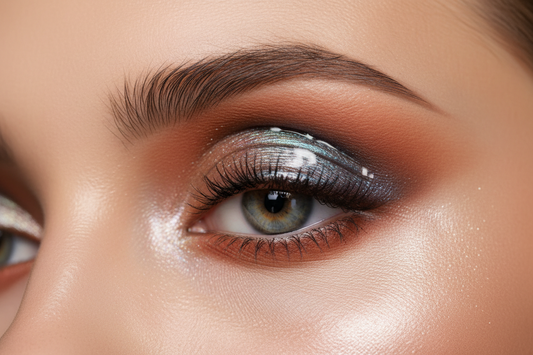 Close-up of eye makeup showcasing 2026 eyeshadow trends including metallic chrome finish, sculpted matte crease in terracotta, and glossy lid effect - professional beauty editorial photography