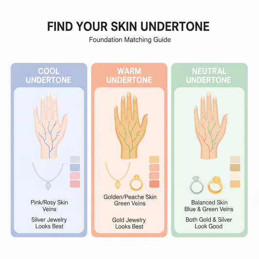 Diverse range of foundation and concealer shades displayed in gradient from light to deep tones with makeup swatches on different skin tones for shade matching guide