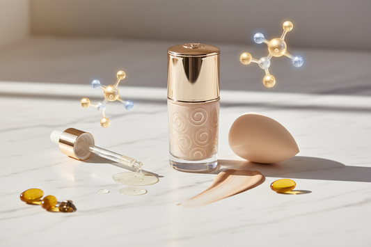 Luxury anti-aging foundation with hydrating formula, beauty sponge, and skincare ingredients including hyaluronic acid