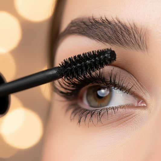 Close-up macro shot of applying mascara to eyelashes using zigzag technique at roots for maximum volume in quick makeup routine