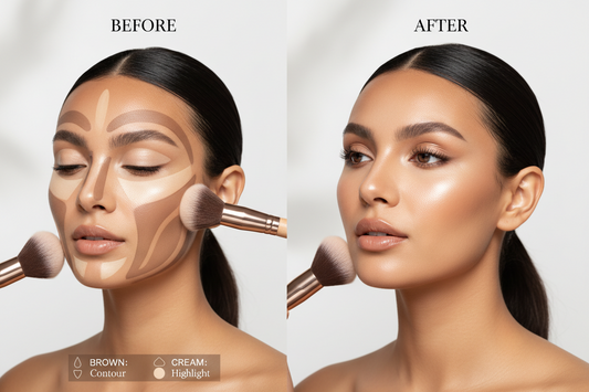 Contouring and highlighting makeup tutorial showing face contour placement zones, before and after comparison, professional makeup application techniques, step-by-step guide for beginners