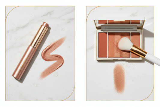 Cream versus powder eyeshadow comparison showing cream eyeshadow stick with dewy finish swatch on left and powder eyeshadow palette with blending brush on right, luxury beauty product photography