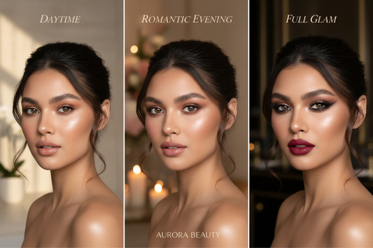 Three date night makeup looks displayed side by side: natural daytime makeup with dewy skin, romantic dinner makeup with soft smoky eyes, and full glam evening makeup with dramatic eyes and bold lips