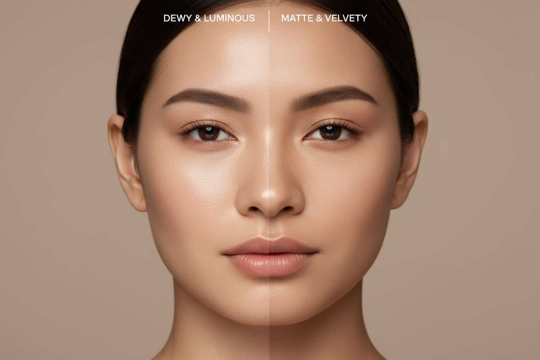 Side-by-side comparison of dewy foundation finish with luminous glow versus matte foundation finish with velvety smooth appearance on skin