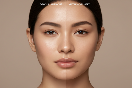 Side-by-side comparison of dewy foundation finish with luminous glow versus matte foundation finish with velvety smooth appearance on skin