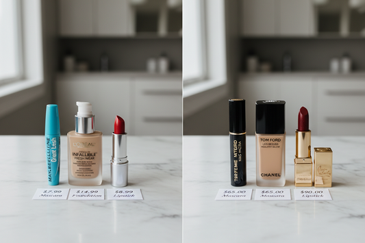 Drugstore and high-end luxury makeup products comparison side by side, affordable versus premium beauty products on marble surface, smart shopping guide for makeup budget