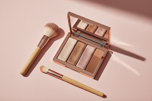 Luxury eyeshadow palette with neutral warm tones and makeup brushes for quick 5-minute morning makeup tutorials