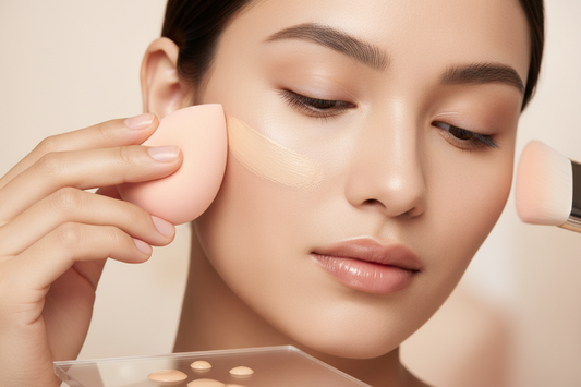 Professional makeup artist demonstrating flawless streak-free foundation application technique with beauty blender on model showing smooth, even complexion