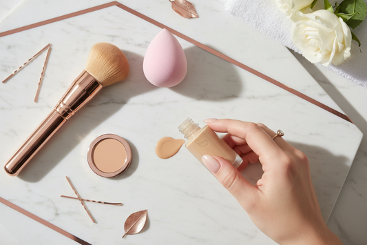 Foundation brush, beauty sponge, and fingers on marble surface - three makeup application tools comparison