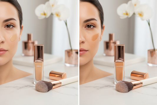 Foundation oxidation before and after comparison showing color change from perfect match to orange tone, with luxury foundation bottles and makeup brushes on marble surface