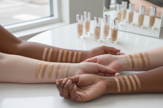 Foundation shade matching swatches on different skin tones showing undertone comparison, natural daylight testing, professional beauty guide for finding perfect foundation color