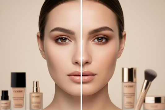 Side-by-side comparison of full coverage and light coverage foundation showing the difference in makeup finish and skin texture visibility